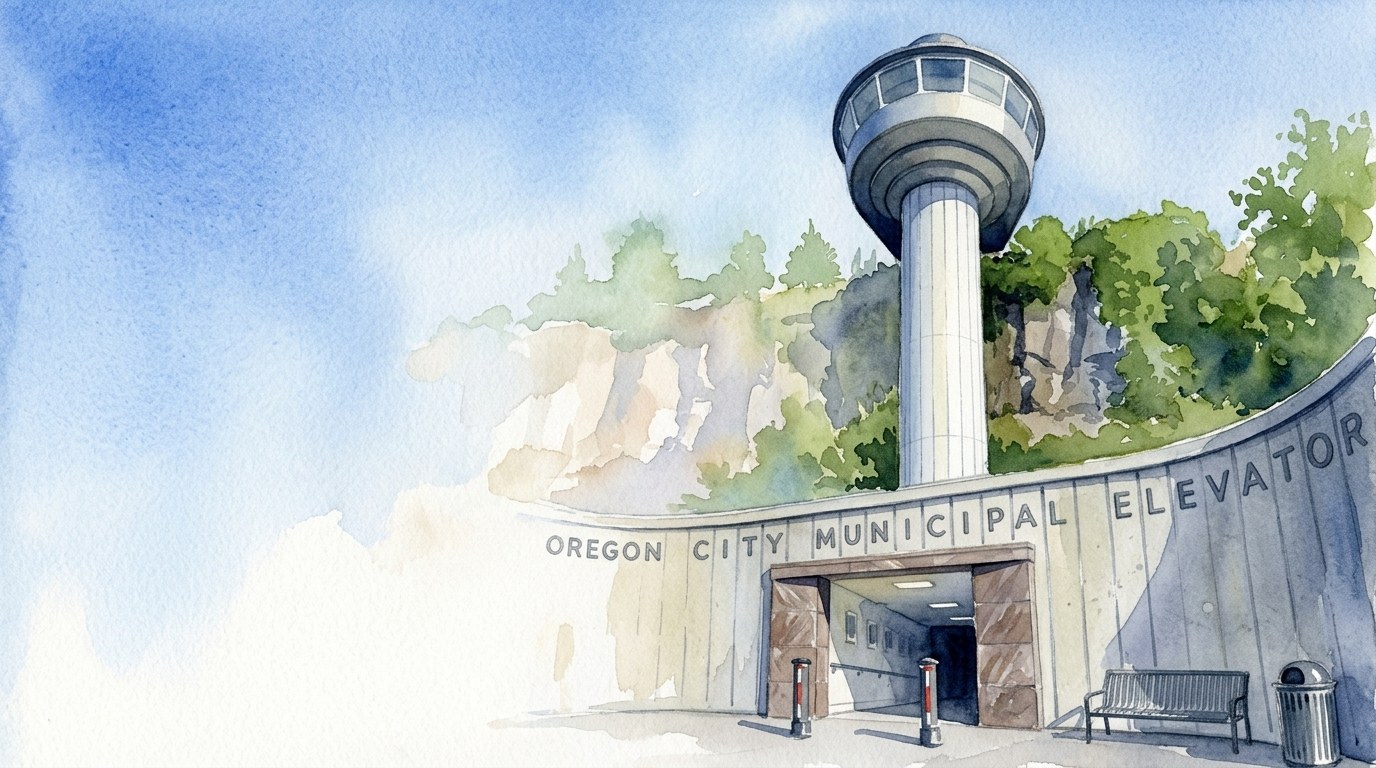 Watercolor illustration of the Oregon City Municipal Elevator above its curved Art Deco entrance and wooded bluff